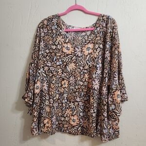 Andree Floral Pullover Brown Pink Top With Flowy Mid Length Sleeve EUC